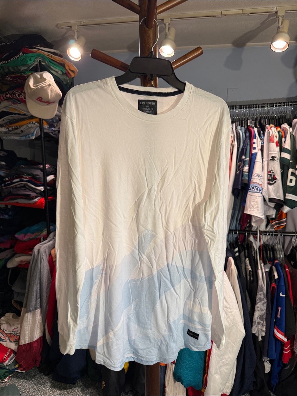 Hollister White Long Sleeve Crew with Light Blue Ombre